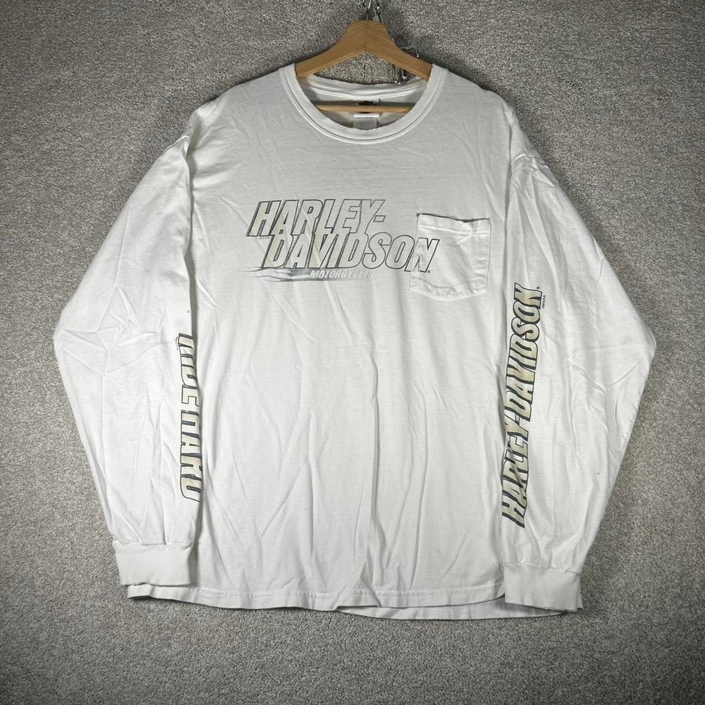 Y2K Harley Davidson white distressed long sleeve t-shirt with sleeve hits XL